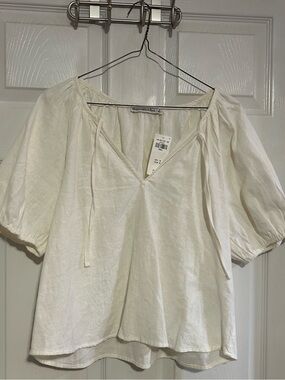 Abercrombie & Fitch White Linen V-Neck Tie Blouse S
